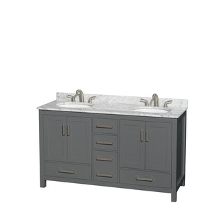Sheffield 60 Inch Double Bathroom Vanity in Dark Gray White Carrara Marble Countertop Undermount Oval Sinks and No Mirror