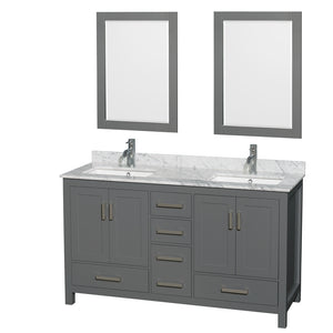 Sheffield 60 Inch Double Bathroom Vanity in Dark Gray White Carrara Marble Countertop Undermount Square Sinks and 24 Inch Mirrors