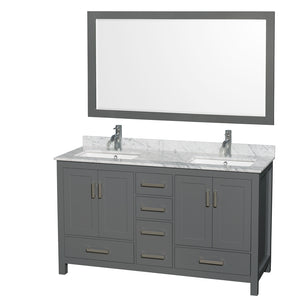 Sheffield 60 Inch Double Bathroom Vanity in Dark Gray White Carrara Marble Countertop Undermount Square Sinks and 58 Inch Mirror