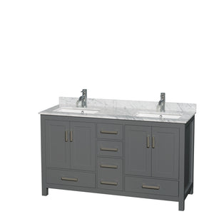 Sheffield 60 Inch Double Bathroom Vanity in Dark Gray White Carrara Marble Countertop Undermount Square Sinks and No Mirror