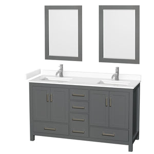 Sheffield 60 Inch Double Bathroom Vanity in Dark Gray White Cultured Marble Countertop Undermount Square Sinks 24 Inch Mirrors