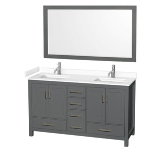 Sheffield 60 Inch Double Bathroom Vanity in Dark Gray White Cultured Marble Countertop Undermount Square Sinks 58 Inch Mirror