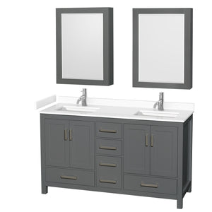 Sheffield 60 Inch Double Bathroom Vanity in Dark Gray White Cultured Marble Countertop Undermount Square Sinks Medicine Cabinets