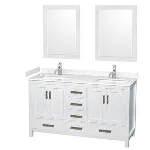 Sheffield 60 Inch Double Bathroom Vanity in White Carrara Cultured Marble Countertop Undermount Square Sinks 24 Inch Mirrors