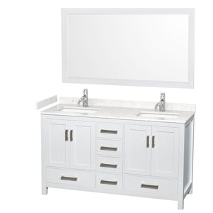 Sheffield 60 Inch Double Bathroom Vanity in White Carrara Cultured Marble Countertop Undermount Square Sinks 58 Inch Mirror