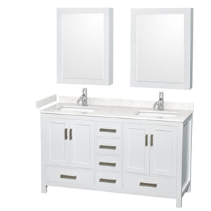 Sheffield 60 Inch Double Bathroom Vanity in White Carrara Cultured Marble Countertop Undermount Square Sinks Medicine Cabinets
