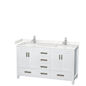 Sheffield 60 Inch Double Bathroom Vanity in White Carrara Cultured Marble Countertop Undermount Square Sinks No Mirror