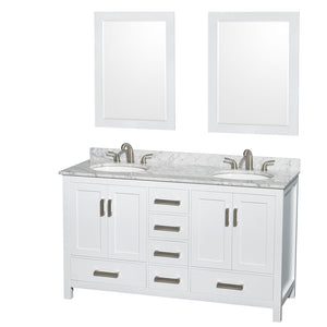 Sheffield 60 Inch Double Bathroom Vanity in White White Carrara Marble Countertop Undermount Oval Sinks and 24 Inch Mirrors