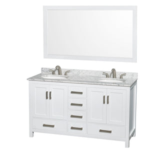 Sheffield 60 Inch Double Bathroom Vanity in White White Carrara Marble Countertop Undermount Oval Sinks and 58 Inch Mirror