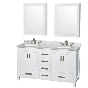 Sheffield 60 Inch Double Bathroom Vanity in White White Carrara Marble Countertop Undermount Oval Sinks and Medicine Cabinets