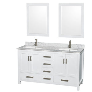 Sheffield 60 Inch Double Bathroom Vanity in White White Carrara Marble Countertop Undermount Square Sinks and 24 Inch Mirrors