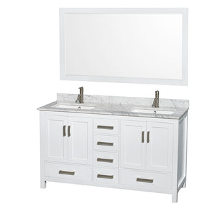 Sheffield 60 Inch Double Bathroom Vanity in White White Carrara Marble Countertop Undermount Square Sinks and 58 Inch Mirror