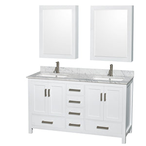 Sheffield 60 Inch Double Bathroom Vanity in White White Carrara Marble Countertop Undermount Square Sinks and Medicine Cabinets