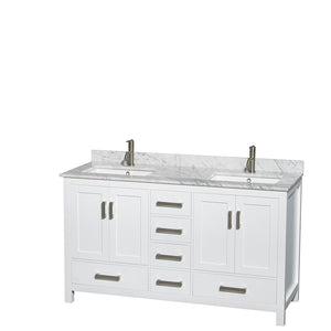 Sheffield 60 Inch Double Bathroom Vanity in White White Carrara Marble Countertop Undermount Square Sinks and No Mirror