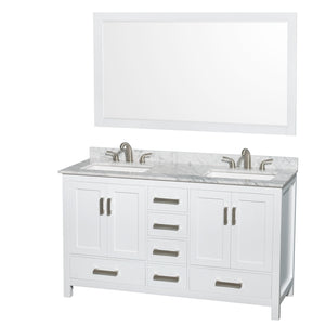 Sheffield 60 Inch Double Bathroom Vanity in White White Carrara Marble Countertop Undermount 3-Hole Square Sinks 58 Inch Mirror
