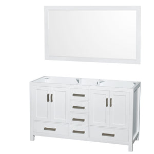 Sheffield 60 Inch Double Bathroom Vanity in White No Countertop No Sinks and 58 Inch Mirror