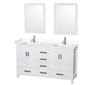 Sheffield 60 Inch Double Bathroom Vanity in White White Cultured Marble Countertop Undermount Square Sinks 24 Inch Mirrors