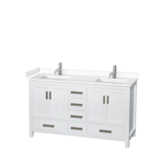 Sheffield 60 Inch Double Bathroom Vanity in White White Cultured Marble Countertop Undermount Square Sinks No Mirror