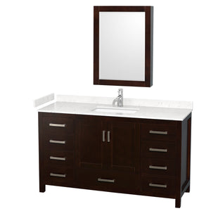 Sheffield 60 Inch Single Bathroom Vanity in Espresso Carrara Cultured Marble Countertop Undermount Square Sink Medicine Cabinet