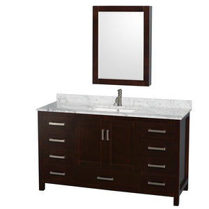 Sheffield 60 Inch Single Bathroom Vanity in Espresso White Carrara Marble Countertop Undermount Square Sink and Medicine Cabinet