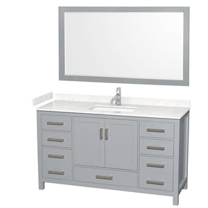 Sheffield 60 Inch Single Bathroom Vanity in Gray Carrara Cultured Marble Countertop Undermount Square Sink 58 Inch Mirror