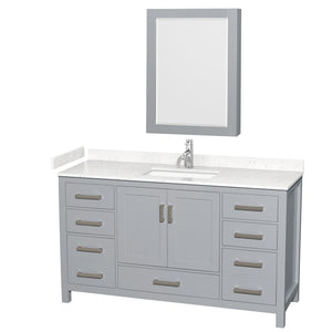 Sheffield 60 Inch Single Bathroom Vanity in Gray Carrara Cultured Marble Countertop Undermount Square Sink Medicine Cabinet