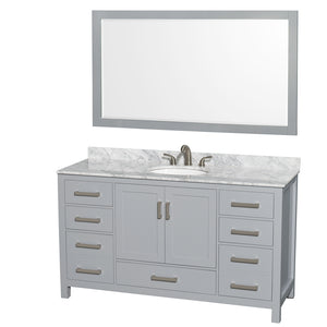 Sheffield 60 Inch Single Bathroom Vanity in Gray White Carrara Marble Countertop Undermount Oval Sink and 58 Inch Mirror