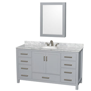 Sheffield 60 Inch Single Bathroom Vanity in Gray White Carrara Marble Countertop Undermount Oval Sink and Medicine Cabinet