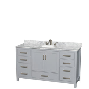 Sheffield 60 Inch Single Bathroom Vanity in Gray White Carrara Marble Countertop Undermount Oval Sink and No Mirror