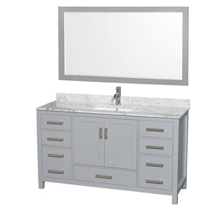 Sheffield 60 Inch Single Bathroom Vanity in Gray White Carrara Marble Countertop Undermount Square Sink and 58 Inch Mirror
