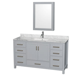 Sheffield 60 Inch Single Bathroom Vanity in Gray White Carrara Marble Countertop Undermount Square Sink and Medicine Cabinet