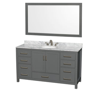 Sheffield 60 Inch Single Bathroom Vanity in Dark Gray White Carrara Marble Countertop Undermount Oval Sink and 58 Inch Mirror