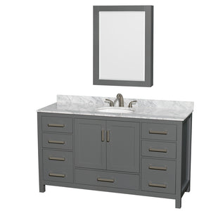 Sheffield 60 Inch Single Bathroom Vanity in Dark Gray White Carrara Marble Countertop Undermount Oval Sink and Medicine Cabinet