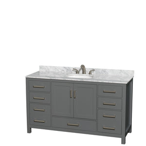 Sheffield 60 Inch Single Bathroom Vanity in Dark Gray White Carrara Marble Countertop Undermount Oval Sink and No Mirror