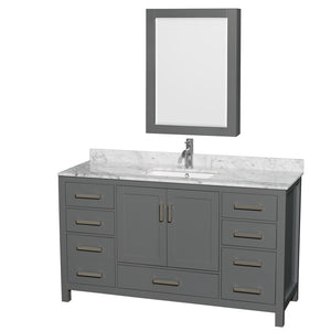 Sheffield 60 Inch Single Bathroom Vanity in Dark Gray White Carrara Marble Countertop Undermount Square Sink and Medicine Cabinet