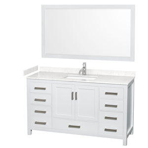 Sheffield 60 Inch Single Bathroom Vanity in White Carrara Cultured Marble Countertop Undermount Square Sink 58 Inch Mirror