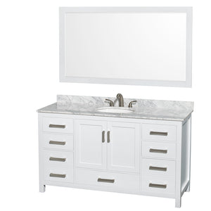 Sheffield 60 Inch Single Bathroom Vanity in White White Carrara Marble Countertop Undermount Oval Sink and 58 Inch Mirror