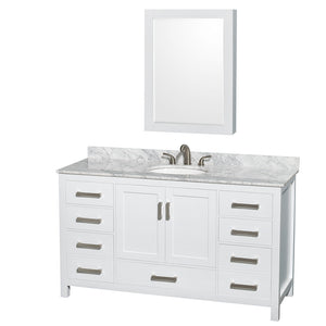 Sheffield 60 Inch Single Bathroom Vanity in White White Carrara Marble Countertop Undermount Oval Sink and Medicine Cabinet