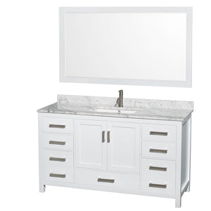Sheffield 60 Inch Single Bathroom Vanity in White White Carrara Marble Countertop Undermount Square Sink and 58 Inch Mirror