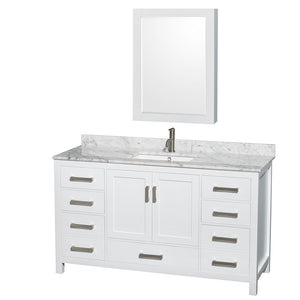 Sheffield 60 Inch Single Bathroom Vanity in White White Carrara Marble Countertop Undermount Square Sink and Medicine Cabinet