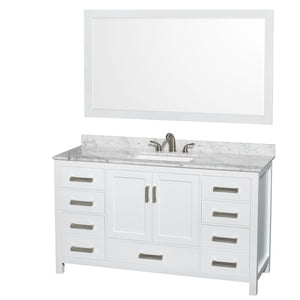 Sheffield 60 Inch Single Bathroom Vanity in White White Carrara Marble Countertop Undermount 3-Hole Square Sink 58 Inch Mirror