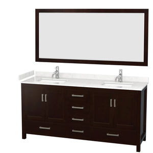 Sheffield 72 Inch Double Bathroom Vanity in Espresso Carrara Cultured Marble Countertop Undermount Square Sinks 70 Inch Mirror