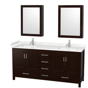 Sheffield 72 Inch Double Bathroom Vanity in Espresso Carrara Cultured Marble Countertop Undermount Square Sinks Medicine Cabinets