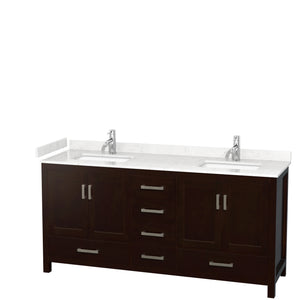 Sheffield 72 Inch Double Bathroom Vanity in Espresso Carrara Cultured Marble Countertop Undermount Square Sinks No Mirror