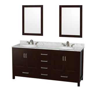 Sheffield 72 Inch Double Bathroom Vanity in Espresso White Carrara Marble Countertop Undermount Oval Sinks and 24 Inch Mirrors