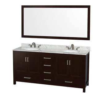 Sheffield 72 Inch Double Bathroom Vanity in Espresso White Carrara Marble Countertop Undermount Oval Sinks and 70 Inch Mirror