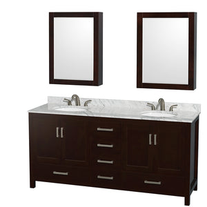 Sheffield 72 Inch Double Bathroom Vanity in Espresso White Carrara Marble Countertop Undermount Oval Sinks and Medicine Cabinets