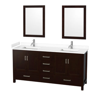 Sheffield 72 Inch Double Bathroom Vanity in Espresso White Cultured Marble Countertop Undermount Square Sinks 24 Inch Mirrors