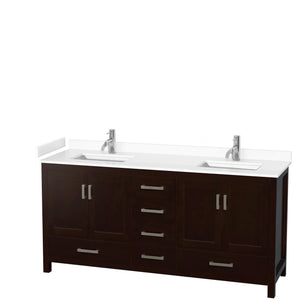 Sheffield 72 Inch Double Bathroom Vanity in Espresso White Cultured Marble Countertop Undermount Square Sinks No Mirror