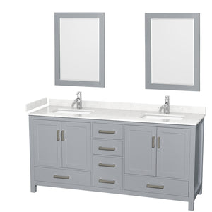 Sheffield 72 Inch Double Bathroom Vanity in Gray Carrara Cultured Marble Countertop Undermount Square Sinks 24 Inch Mirrors